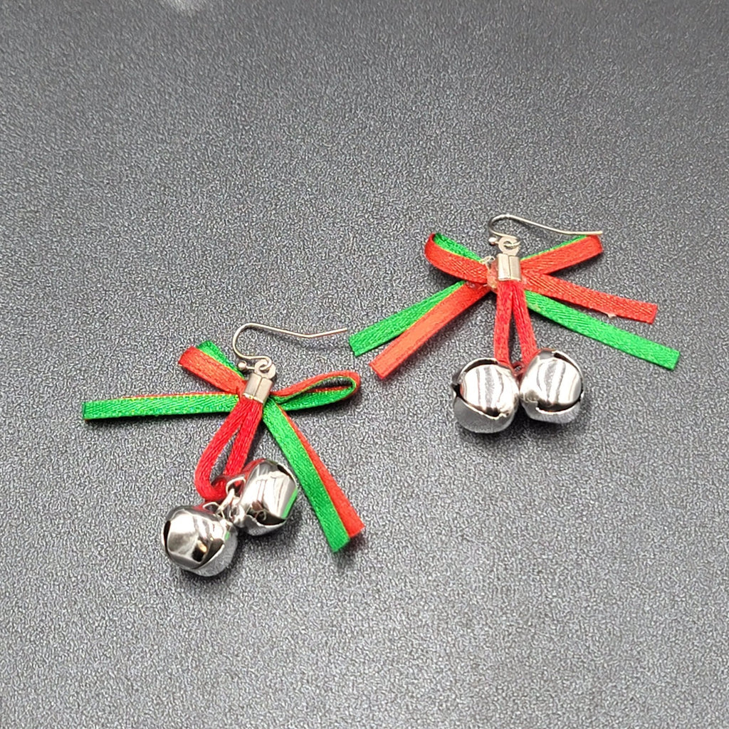 Christmas Holiday Pierced Earrings Ribbon Jingle Bells 1.5"