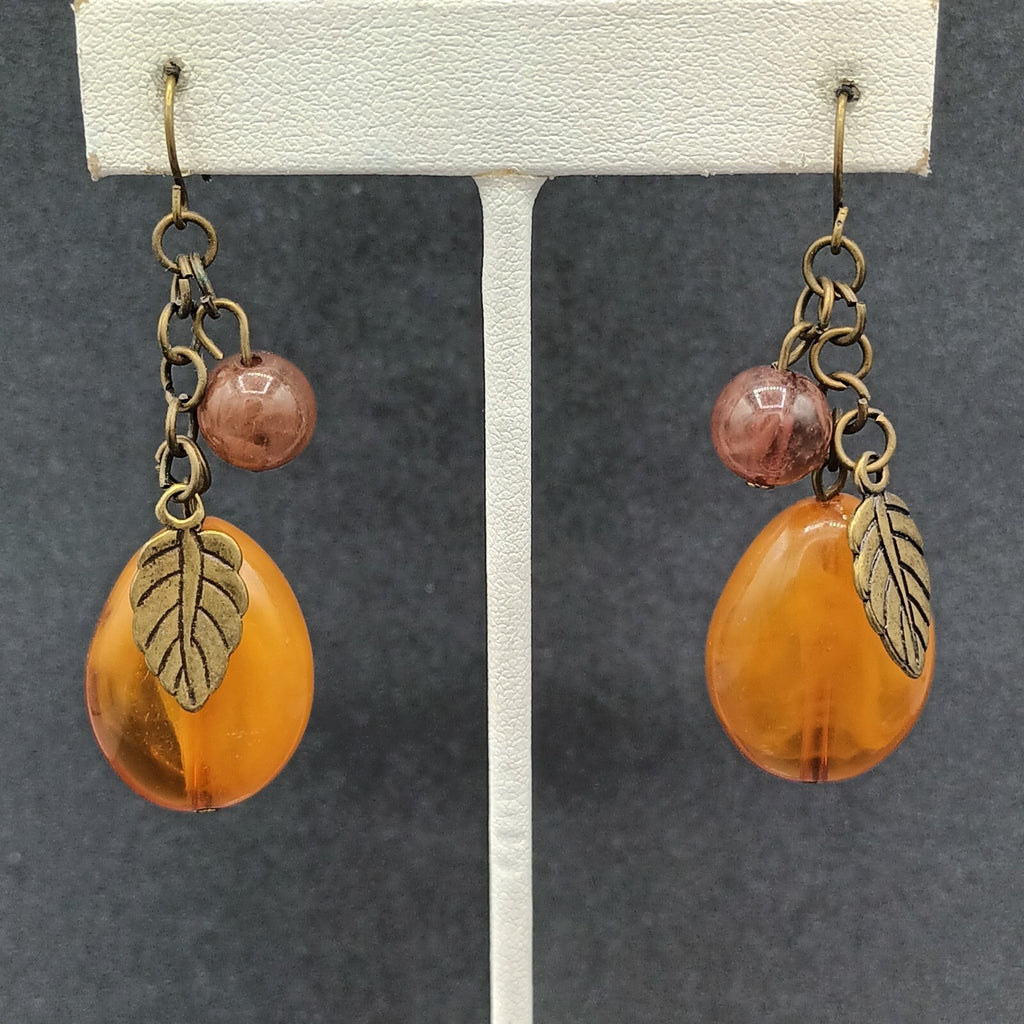 Pierced Earrings Bronze tone Acrylic Bead Natural Tones Leaf Dangle 1.75"