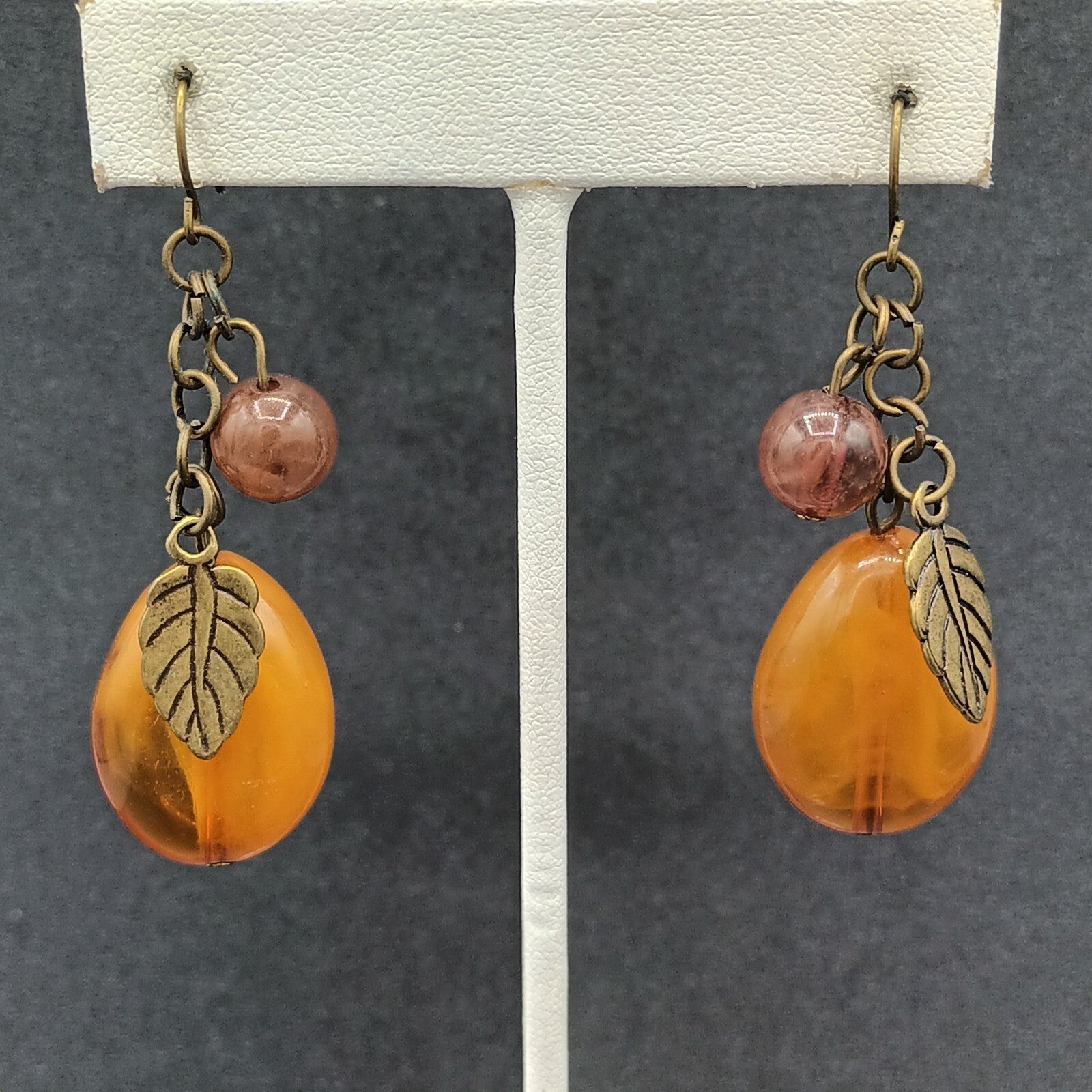 Pierced Earrings Bronze tone Acrylic Bead Natural Tones Leaf Dangle 1.75"