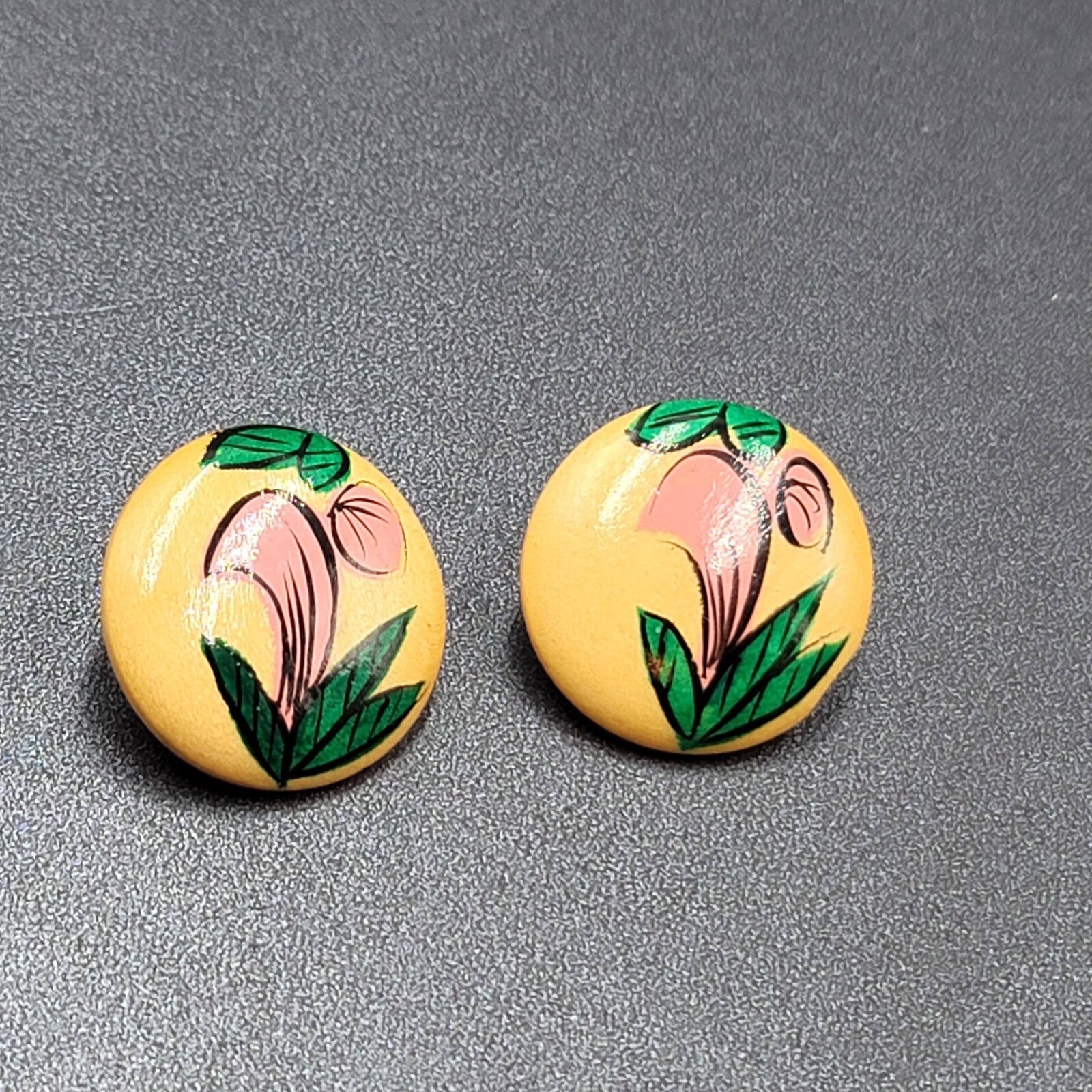 Vintage Pierced Earrings Round Wood Hand Painted 1 1/8"