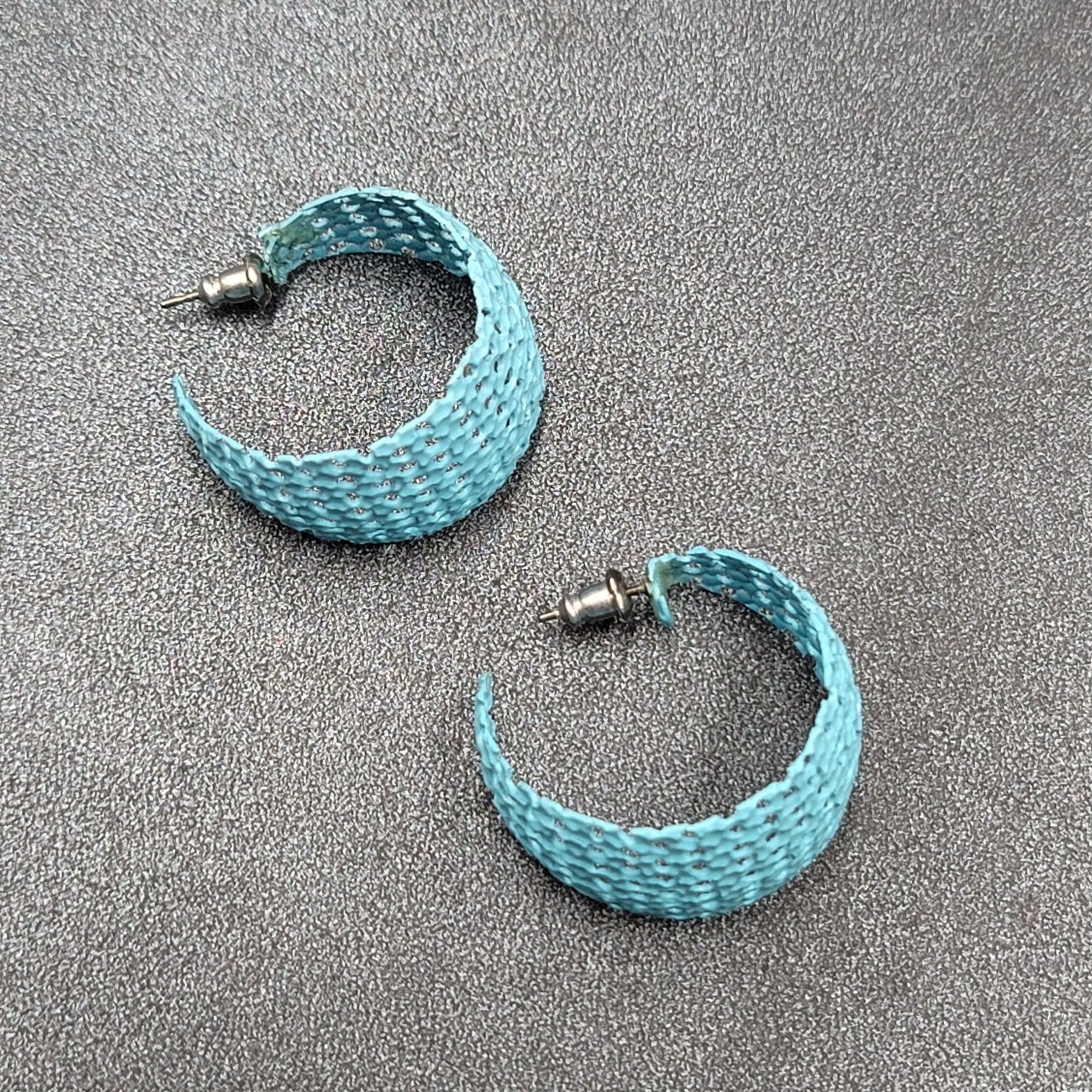 Vintage Pierced Earrings Blue Enamel Mesh Open Work Wide Hoops 1 1/8"