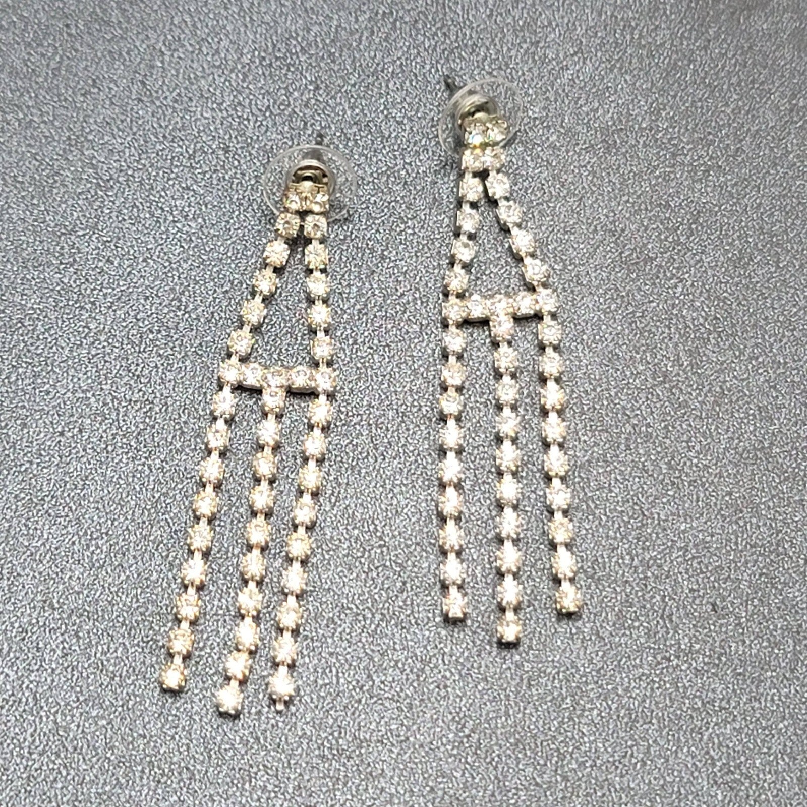 Vintage Pierced Earrings Silver tone Rhinestone Triple Dangle 2.25"