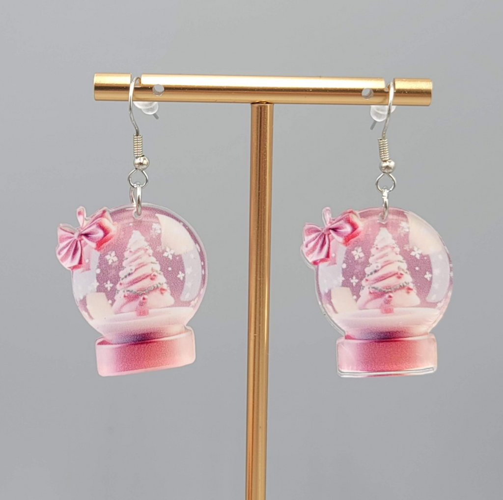 Christmas Snow Globe Pierced Earrings Silver tone Dangle Pink Tree Acrylic 1.25"