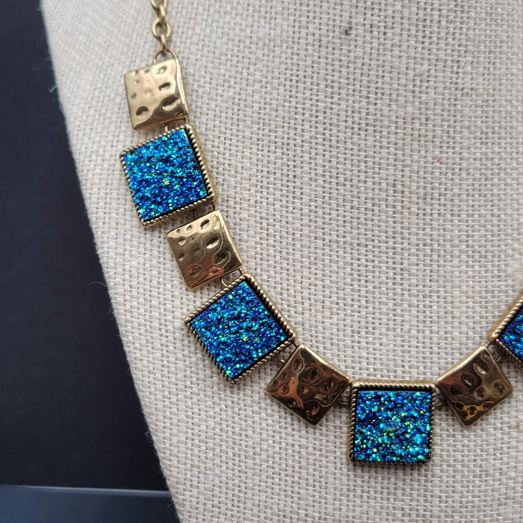 Blue Druzy Necklace Pierced Earrings Jewelry Set Glitter Gold tone 17"-20"