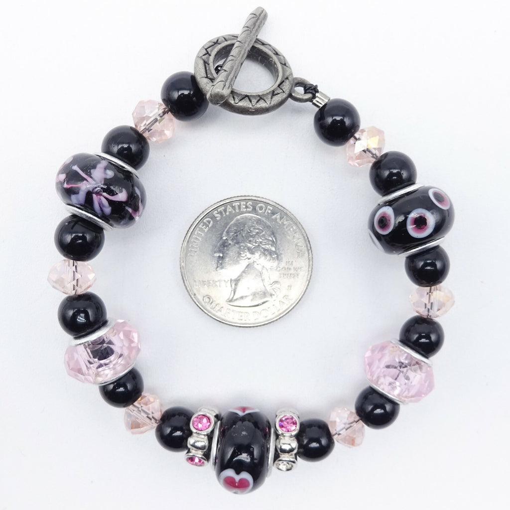 Pink Black Bead Slide Bracelet Silver tone Estate Costume 7.75"