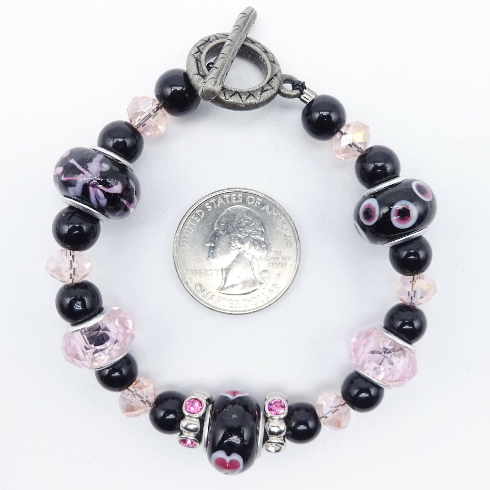Pink Black Bead Slide Bracelet Silver tone Estate Costume 7.75"