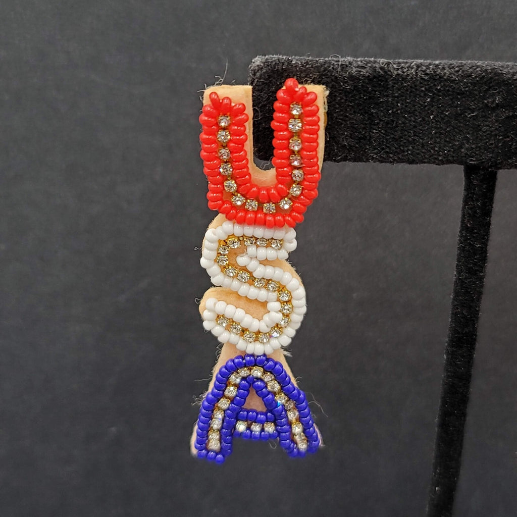 USA Pierced Earrings Beaded Felt Patriotic 4th of July Red White Blue 2.5"