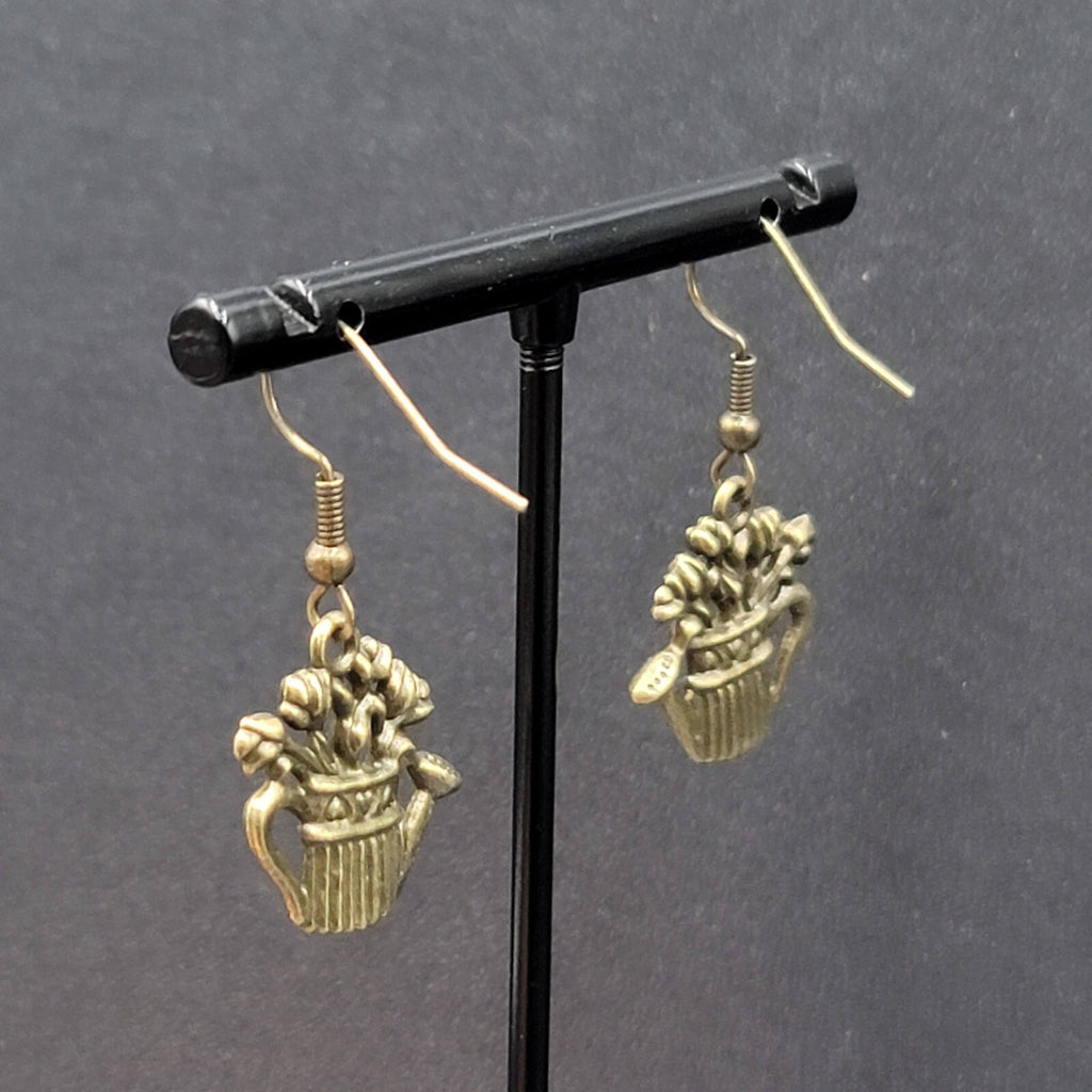 Garden Water Can Flowers Pierced Earrings Bronze tone Embossed Dangle 1" FS