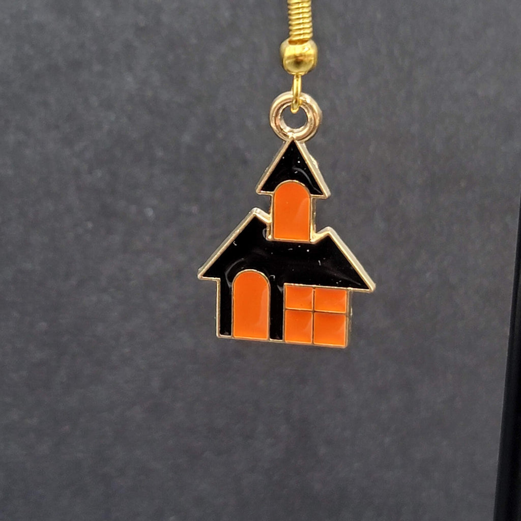 New Halloween House Pierced Earrings Purple Orange Enamel Gold tone Dangle 7/8"