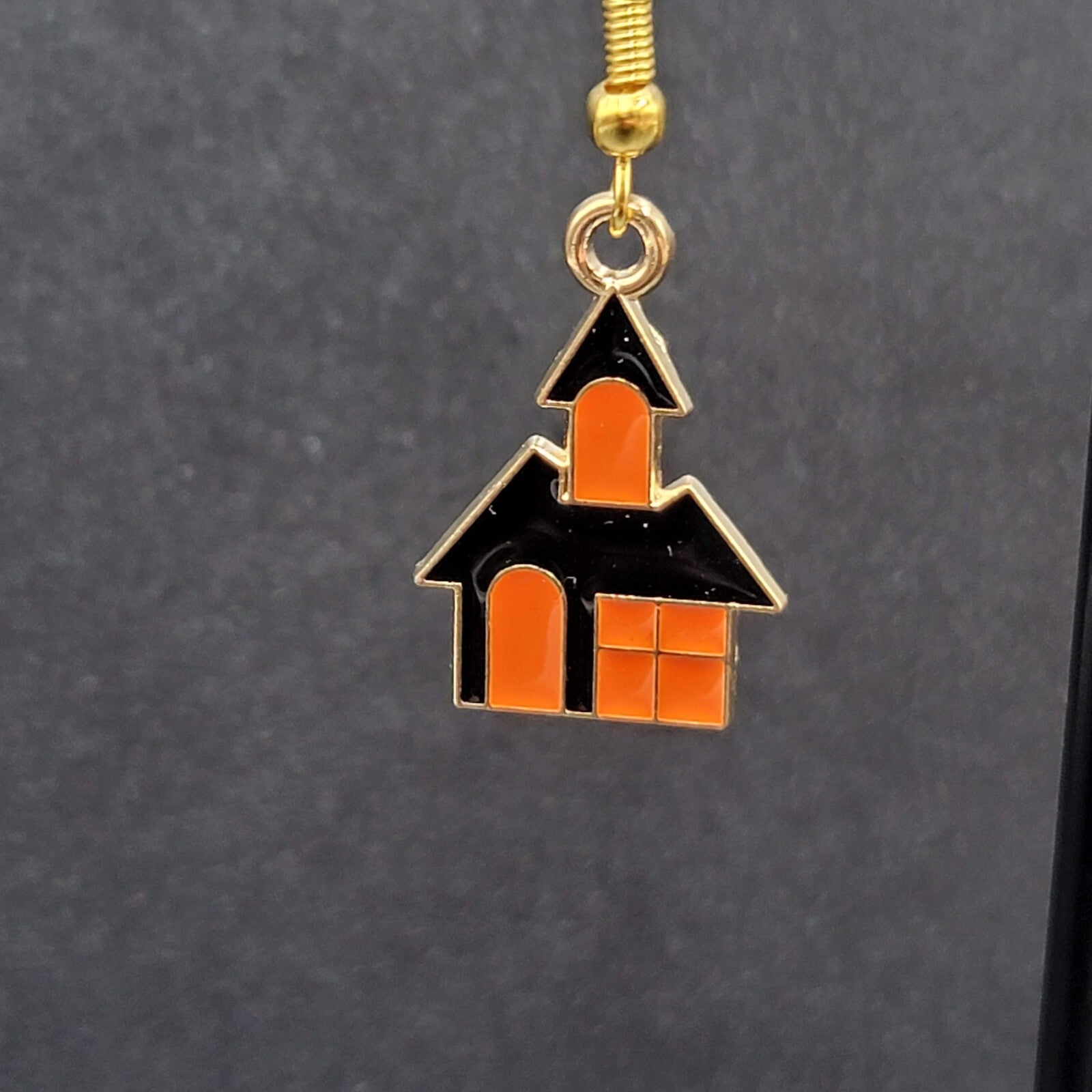 New Halloween House Pierced Earrings Purple Orange Enamel Gold tone Dangle 7/8"