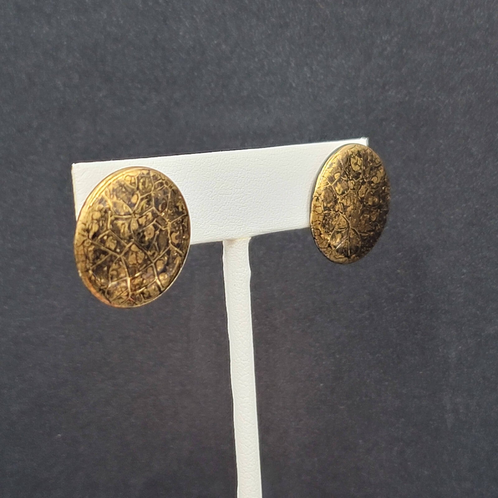 Vintage Pierced Earrings Black Gold Painted Round Ceramic Studs 3/4"