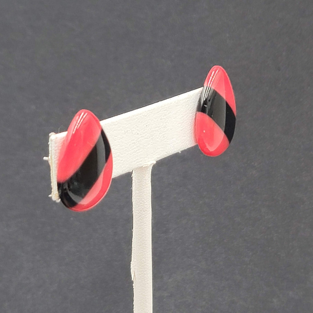 Vintage Pierced Earrings Acrylic Red Black Teardrop 7/8"