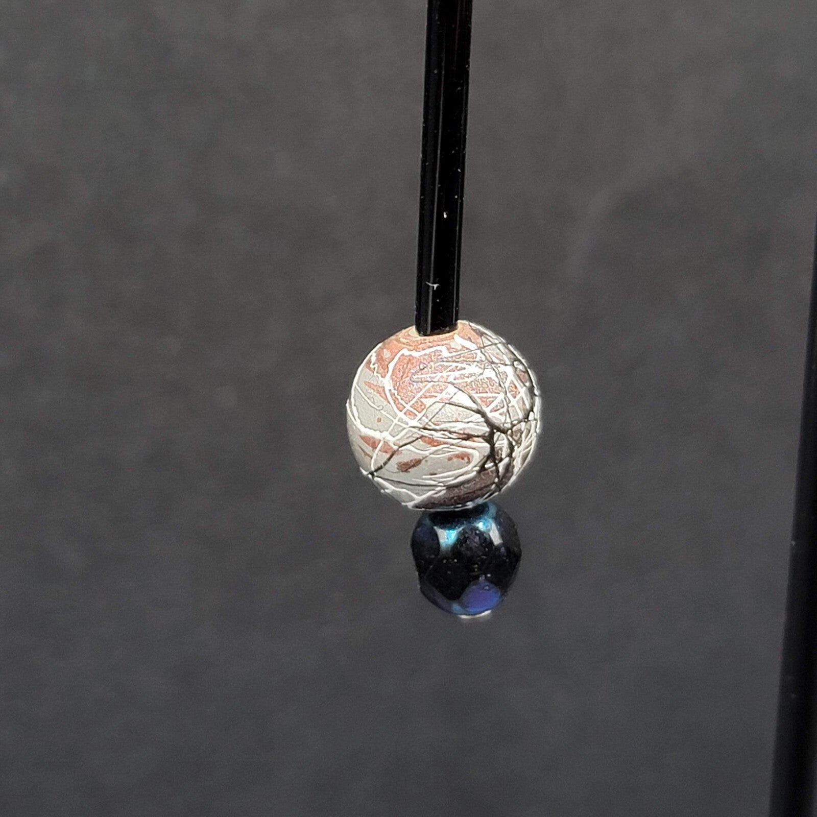 Pierced Earrings Silver tone Black Glass Bead Hand Painted 1.75"