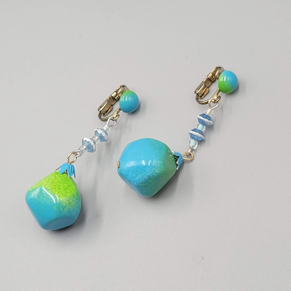 Vintage Green Blue Dangle Bead Clip on Earrings 2.25"