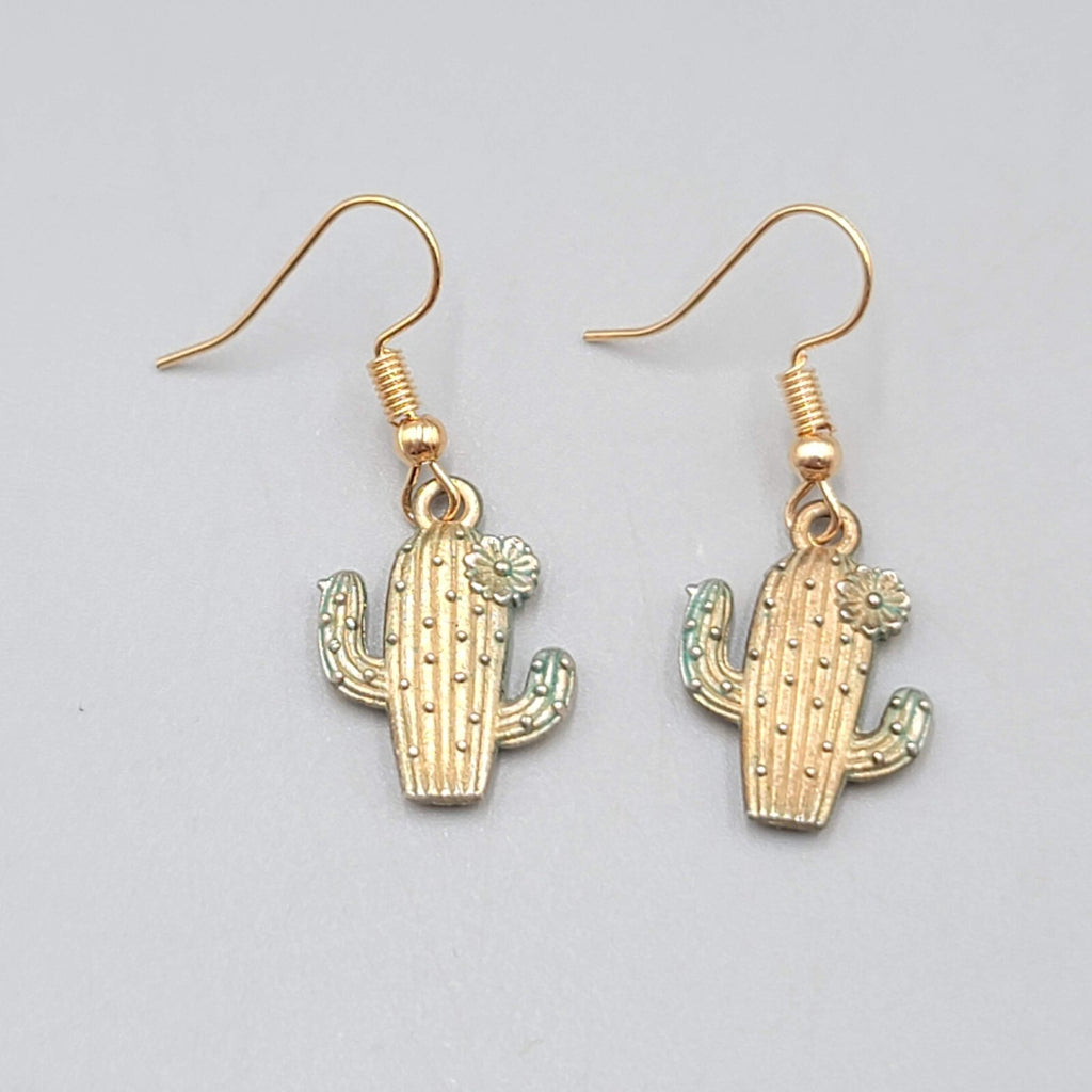 Saguaro Cactus Pierced Earrings Gold tone Dangle 3/4"