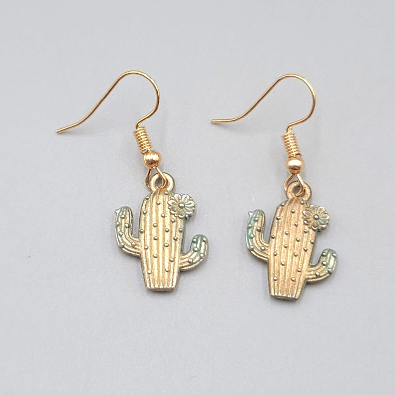 Saguaro Cactus Pierced Earrings Gold tone Dangle 3/4"