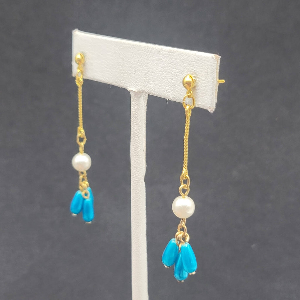 Pierced Earrings Gold Plated Bright Blue Beads Faux Pearl Dangle 2.25"