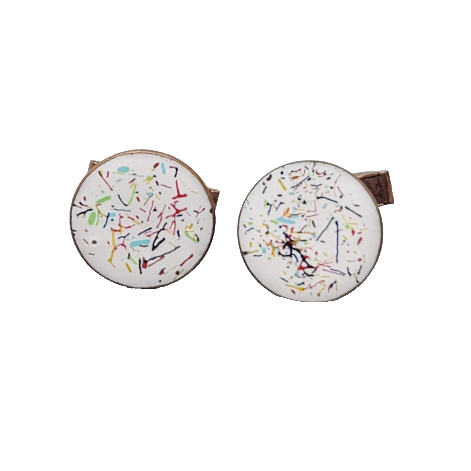 Vintage Mens Cufflinks White Speckle Enamel over Copper Round 3/4"