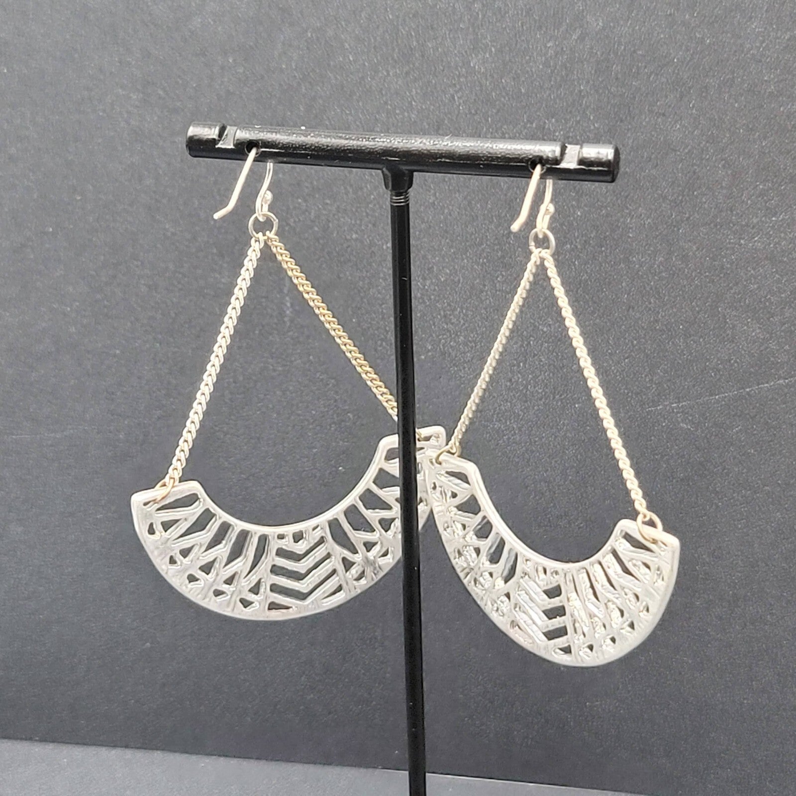 Pierced Earrings Silver tone Dangle Chains Statement 2.5"