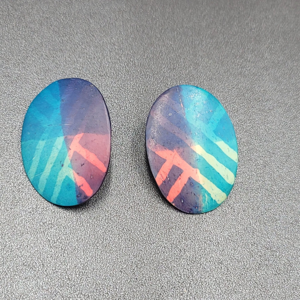 Pierced Earrings Blue Pink Purple Oval Wood Statement 1.25"