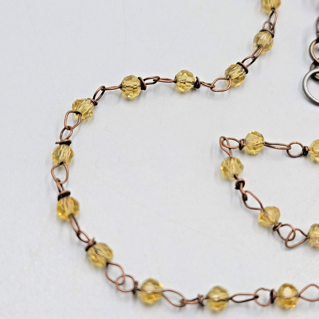 Dainty Bronze tone Chain Necklace Yellow Beads 16"