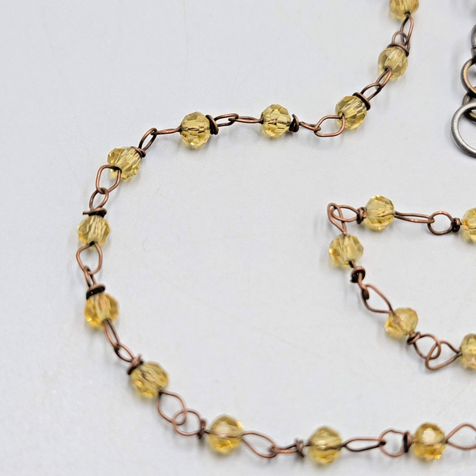 Dainty Bronze tone Chain Necklace Yellow Beads 16"