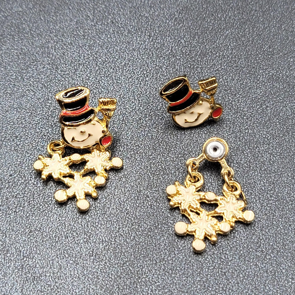 Snowman Pierced Earrings Gold tone Enamel Jacket Back Dangle 1.25"