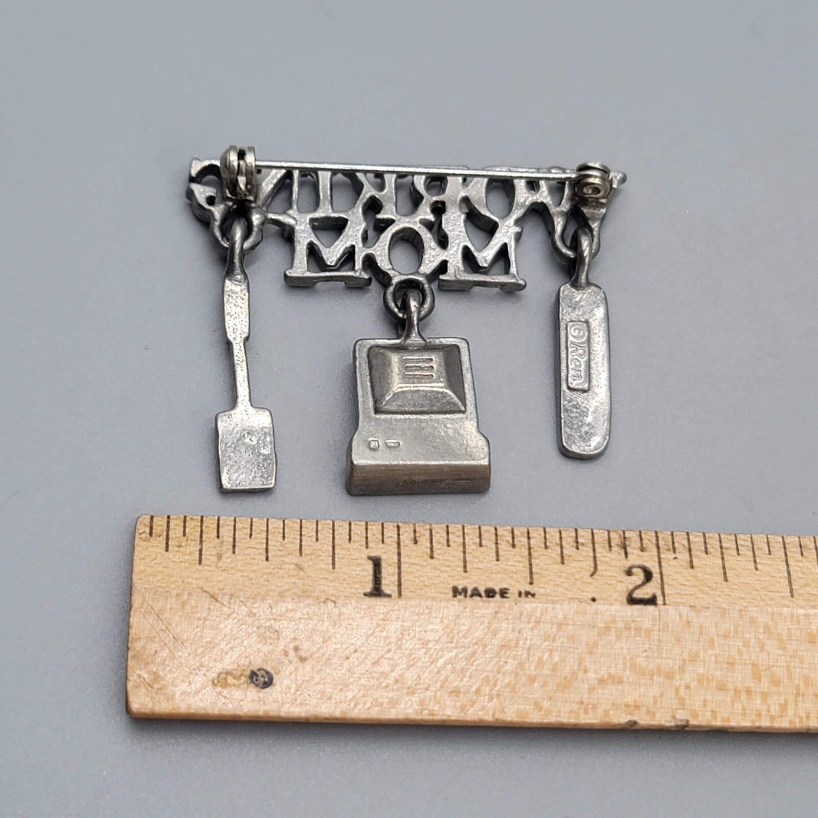 Vintage Signed REN Pewter Finish Working Mom Pin Brooch 1.5"