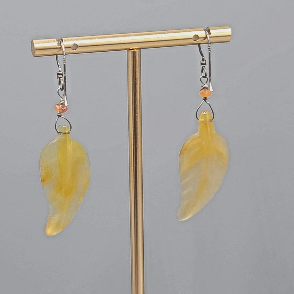 Sterling Silver Carved Agate Leaf Pierced Earrings Dangle 1.75"