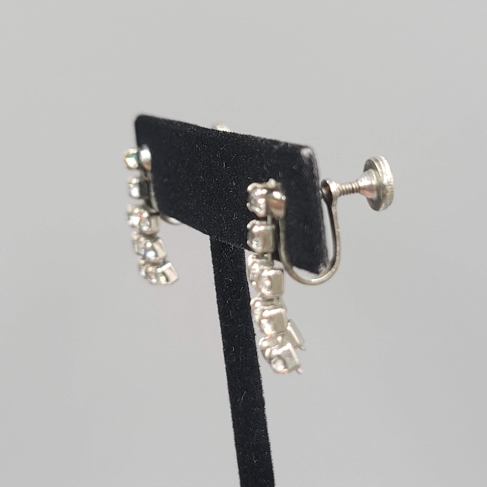 Vintage Dangle Rhinestone Clip on Earrings Silver tone Screw Back 3/4"
