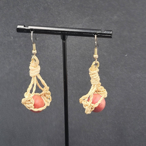 Boho Pierced Earrings Twine Knotted Wood Bead Dangle 1.5"