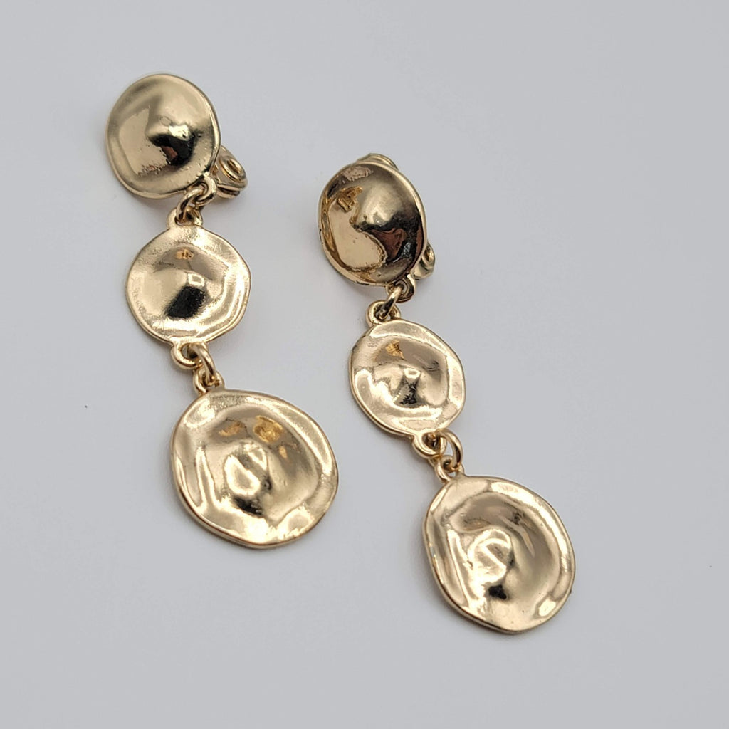 Vintage Triple Round Clip on Earrings Gold tone Dangle Signed 2.25 in