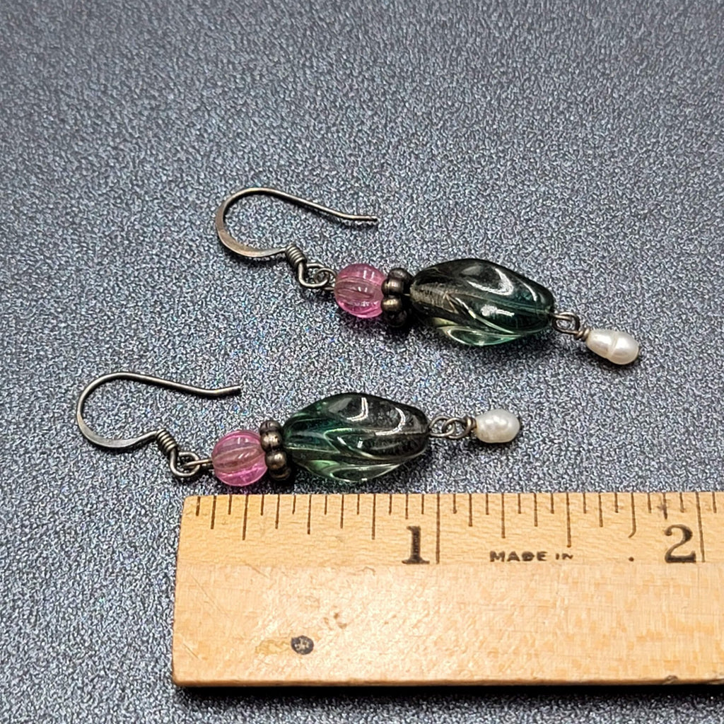 Art Glass Pearl Pierced Earrings Sterling Silver Beaded Dangle 1.25"