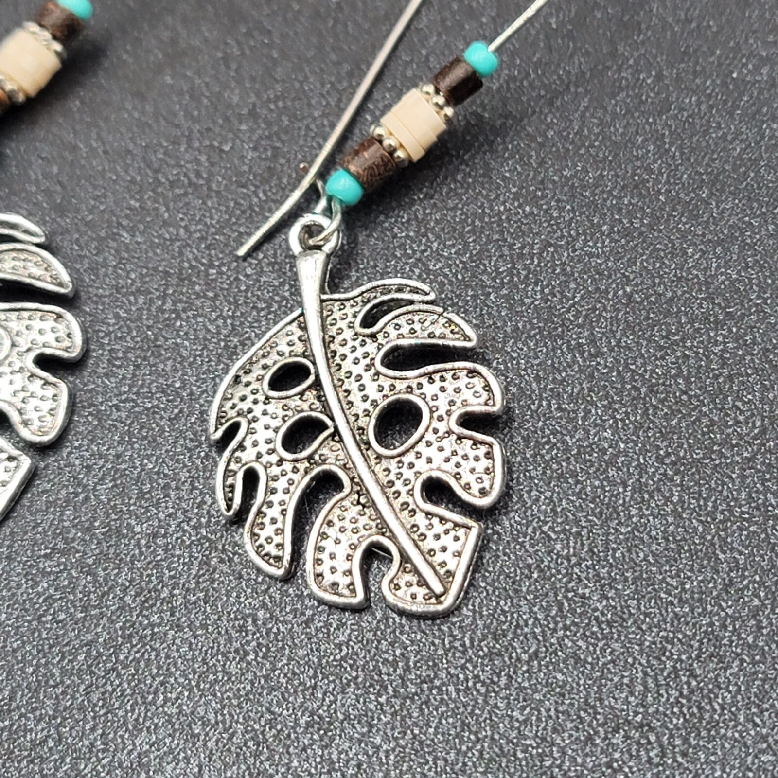 Pierced Earrings Silver tone Leaf Beaded Dangle 2.25"