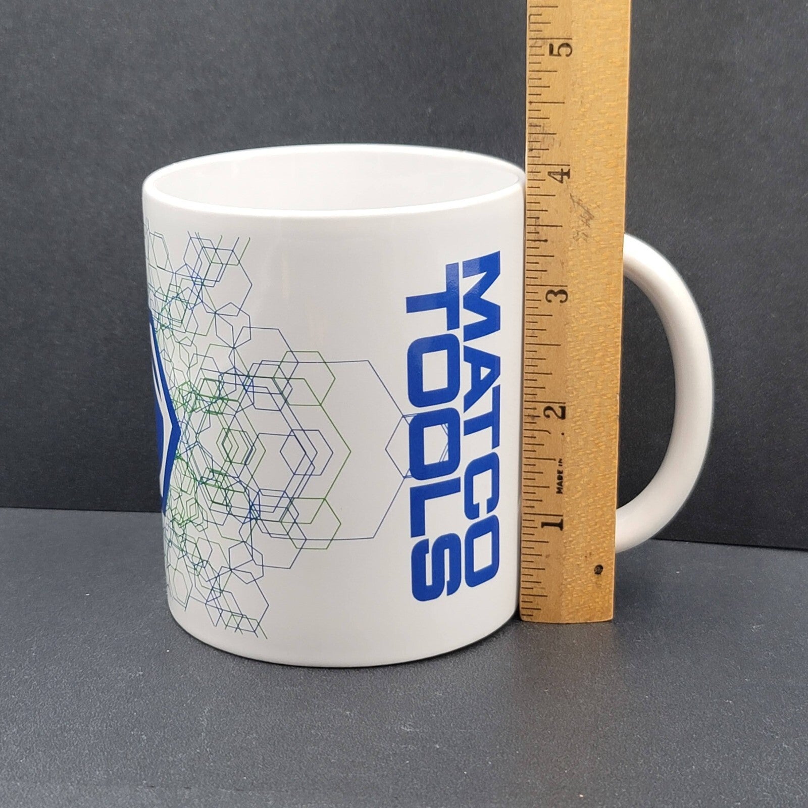 Matco Tools Vintage Ceramic Coffee Mug Cup White Blue Green Hex Design