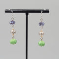 Pierced Earrings Silver tone Purple Green Glass Beads Dangle 1.5"