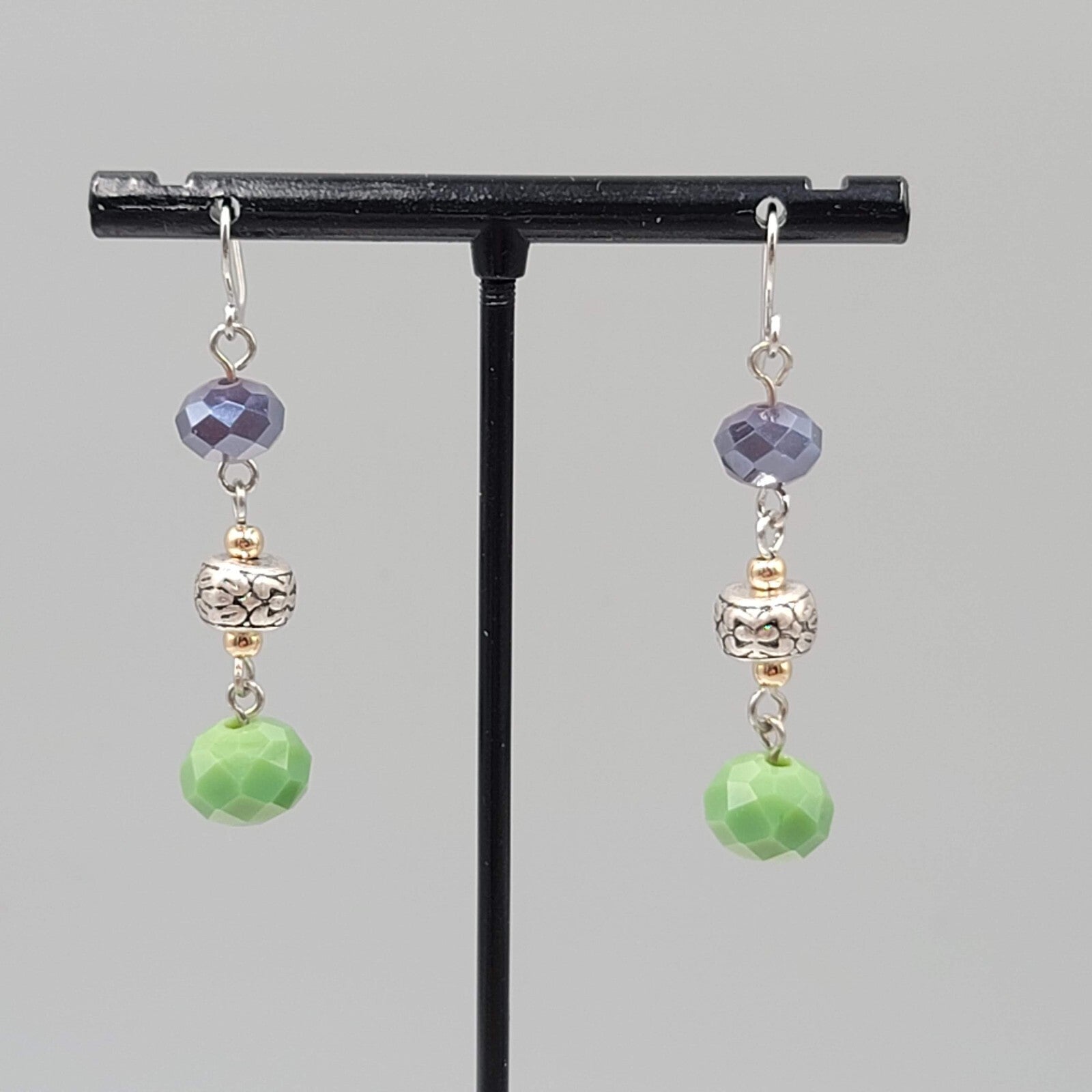 Pierced Earrings Silver tone Purple Green Glass Beads Dangle 1.5"