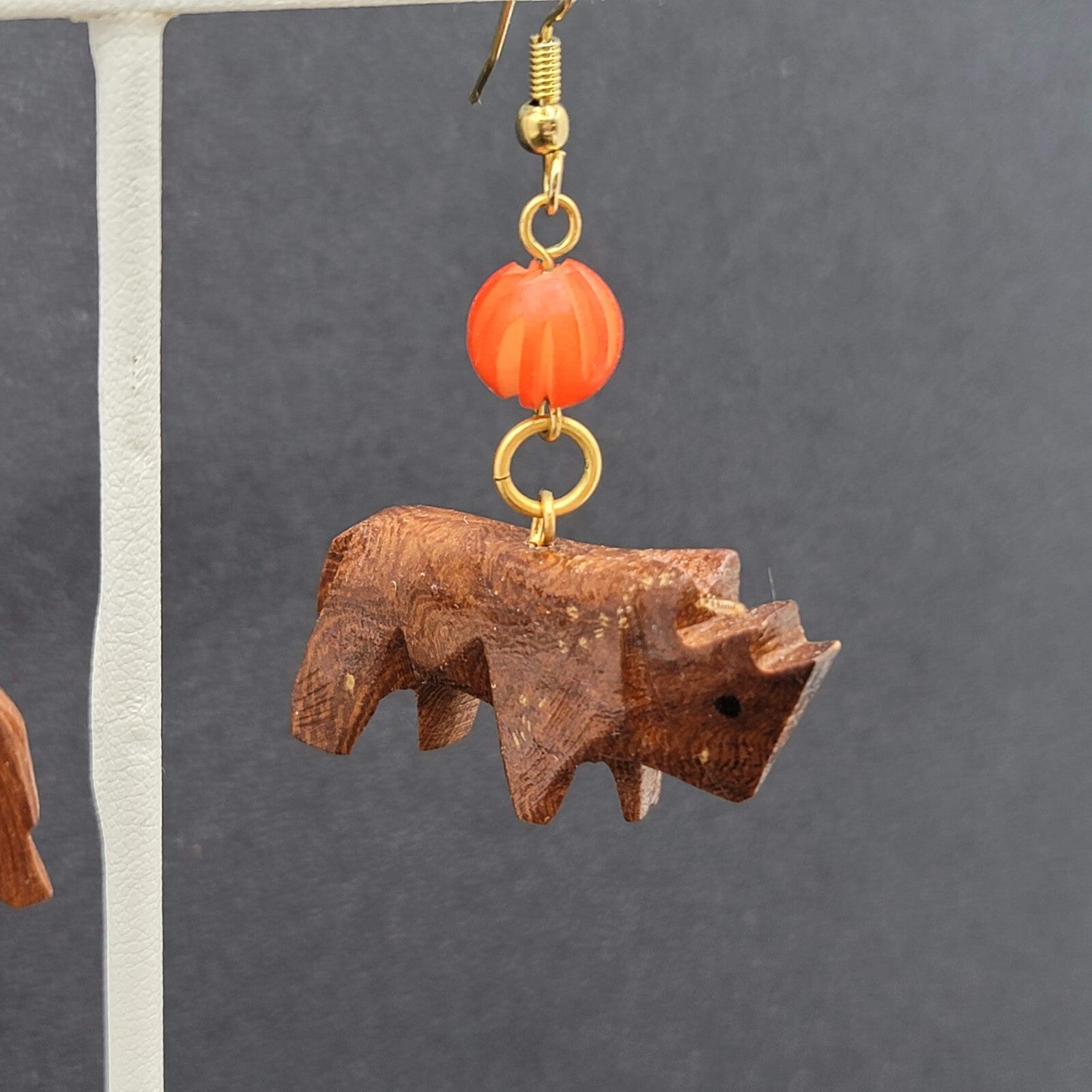 Hand Carved Wooden Animal Dangle Earrings Orange Bead 1.5"