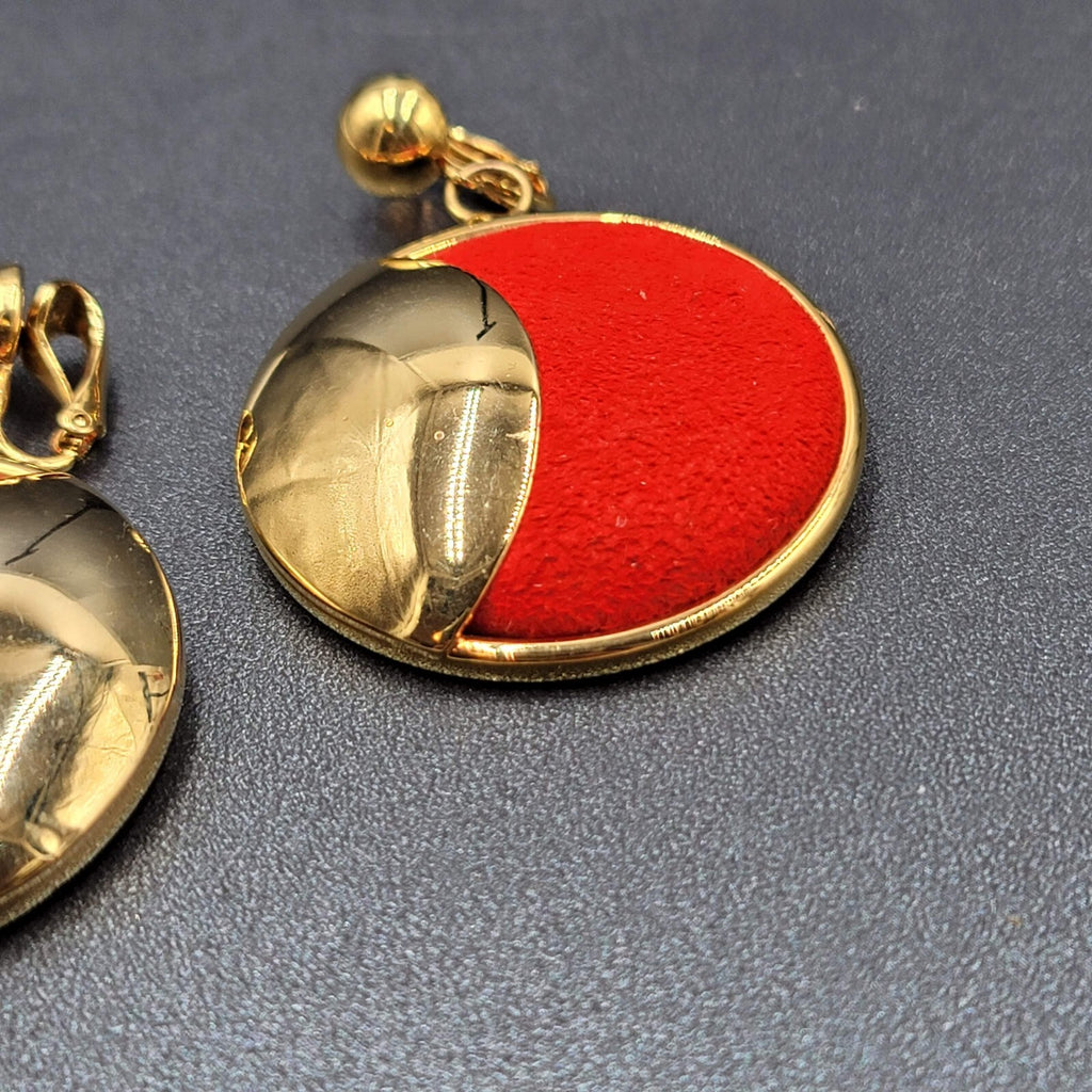 Vintage Clip on Earrings Large Statement Red Felt Gold tone  2.5"