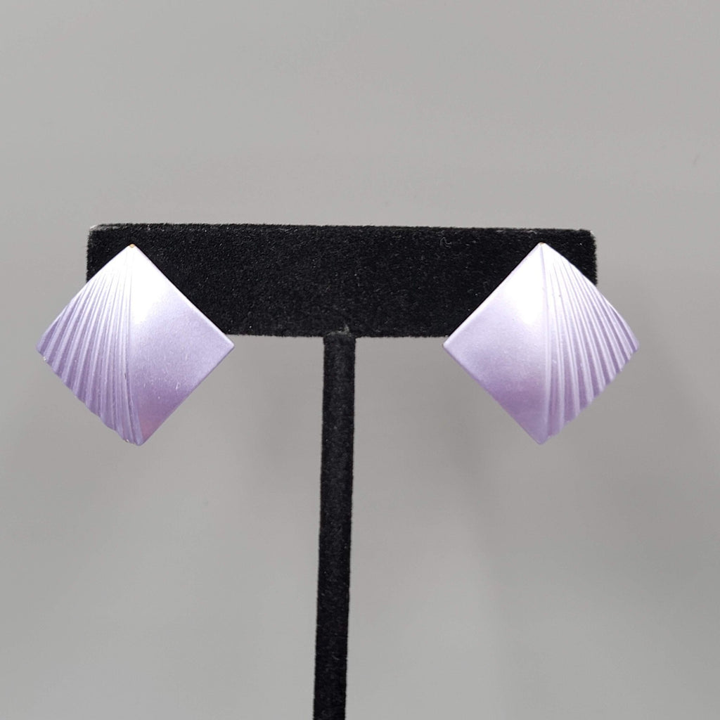 Vintage Pierced Earrings Satin Enamel Lavender Purple Square Drop 1"
