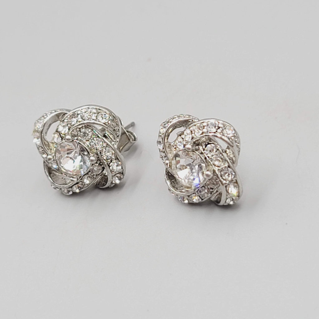 Stud Pierced Earrings Silver tone Rhinestone Knot Studs 5/8"