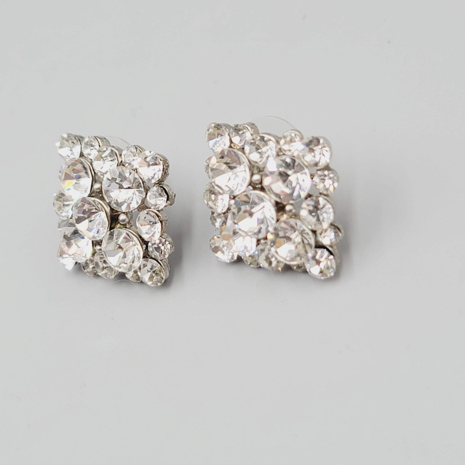 Rhinestone Pierced Earrings Silver tone Square Drop 7/8"