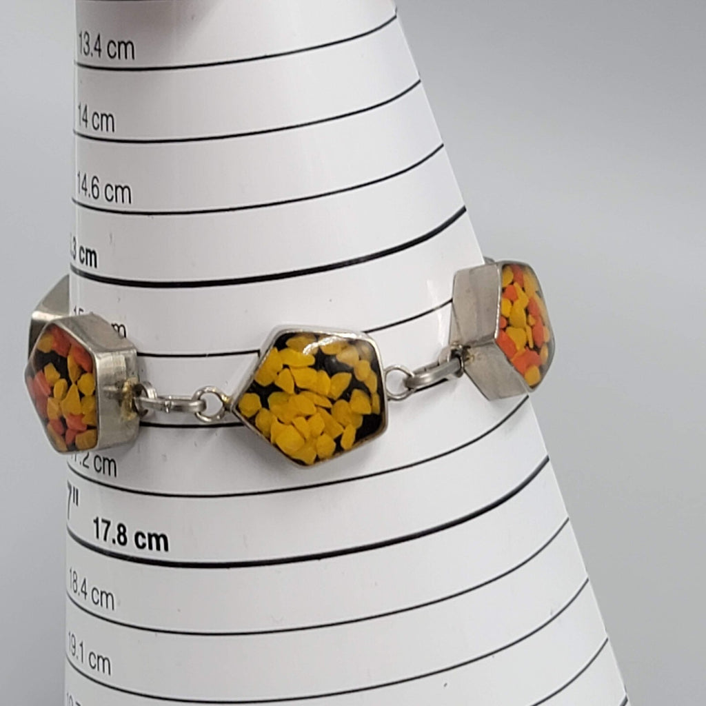 Confetti Resin Lucite Panel Bracelet Silver tone Orange Yellow 6.5"