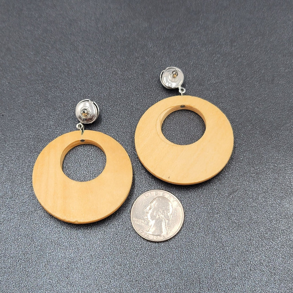 Pierced Earrings Silver tone Open Wood Hoops Dangle 1.75"