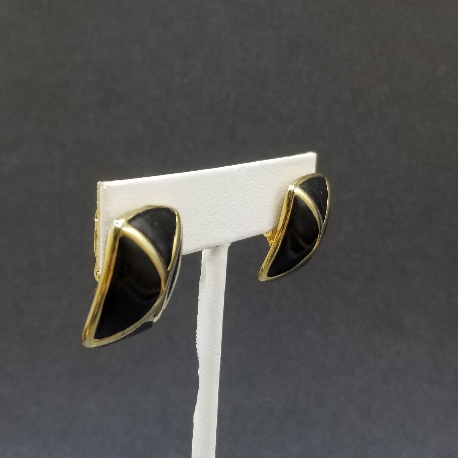 Vintage Clip on Earrings Gold tone Black Enamel Geometric Drop Stud 1"