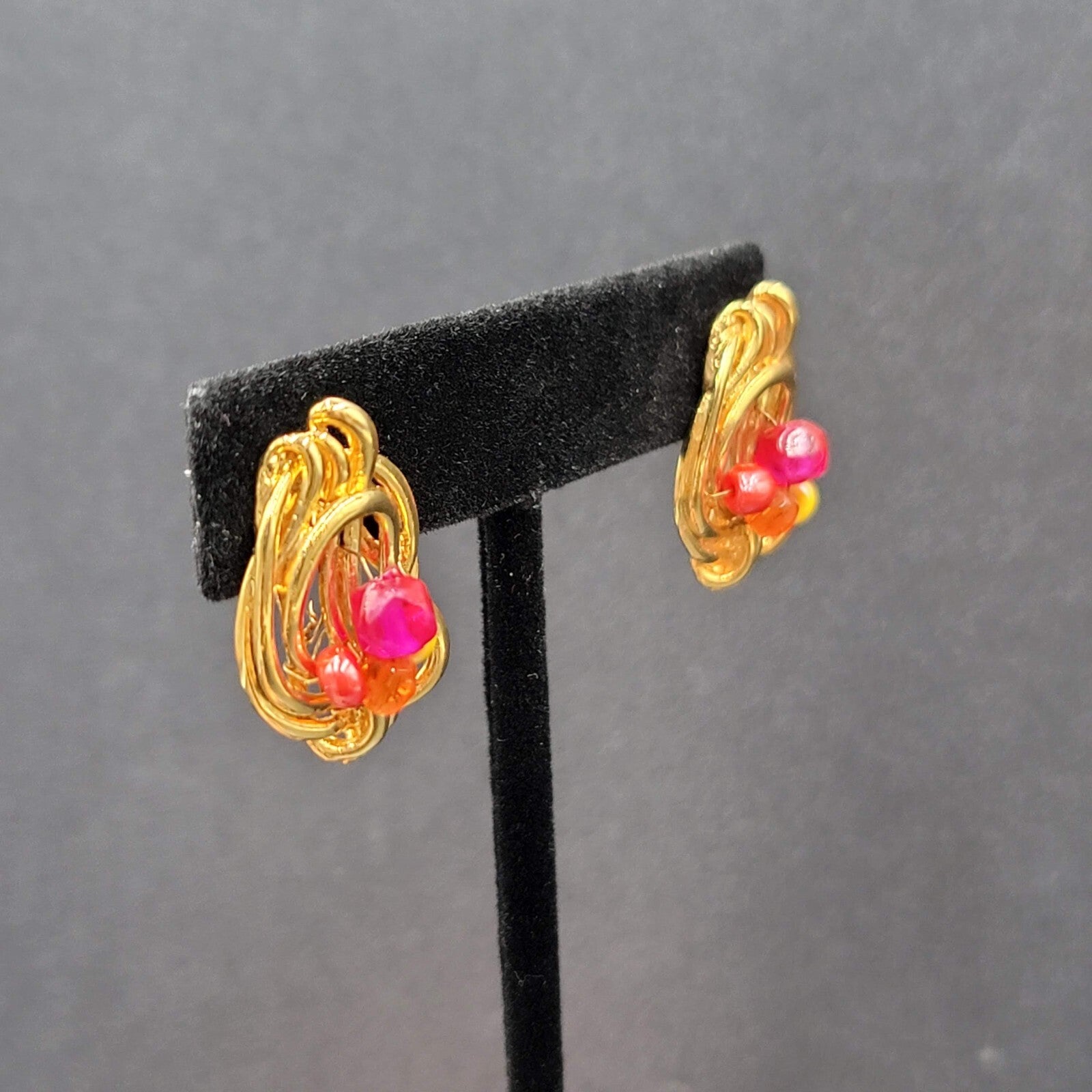 Pierced Earrings Gold Plated Pink Yellow Beaded Artistic Drop 1"