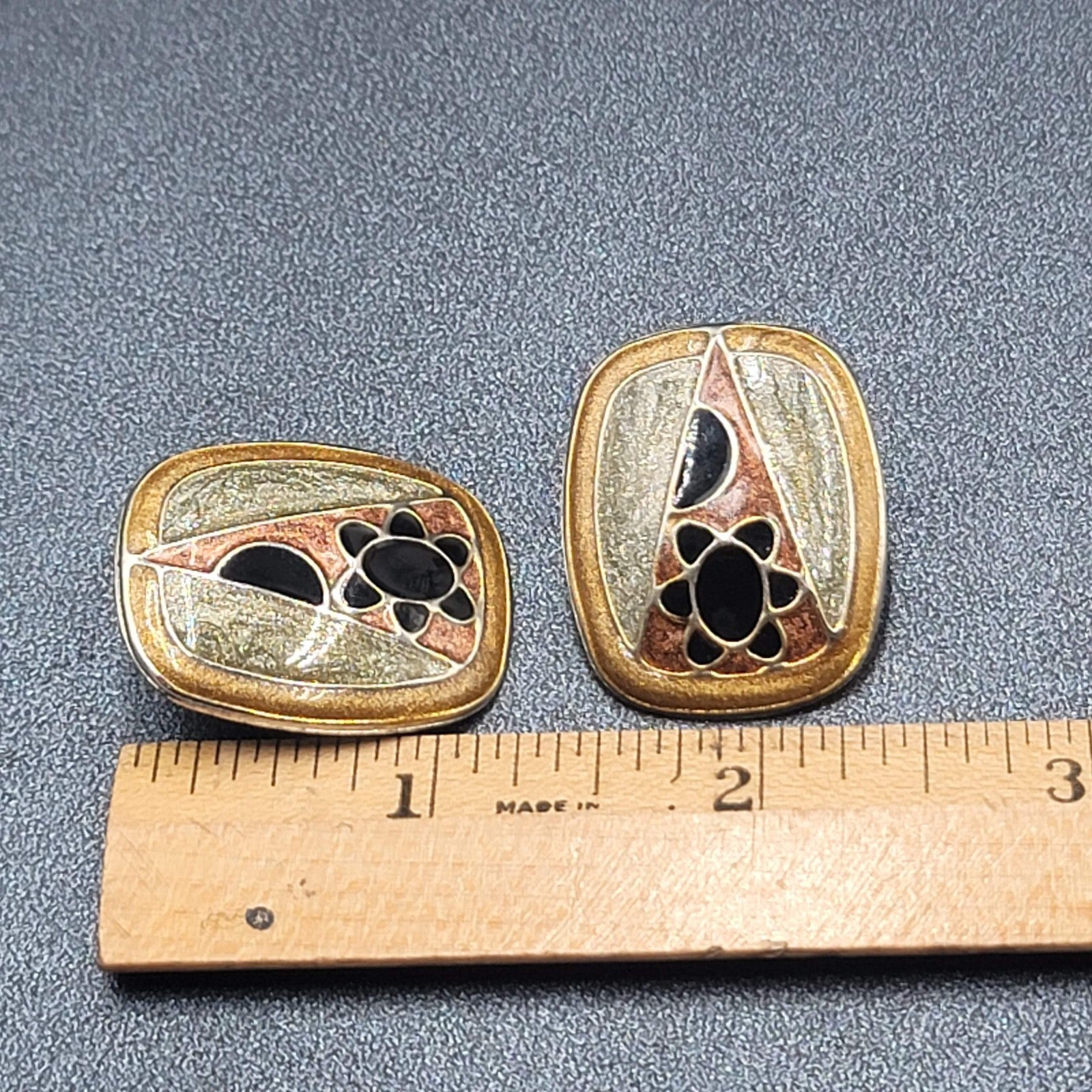 Vintage Pierced Earrings Multicolor Enamel Rectangle Art Drop 1.25"