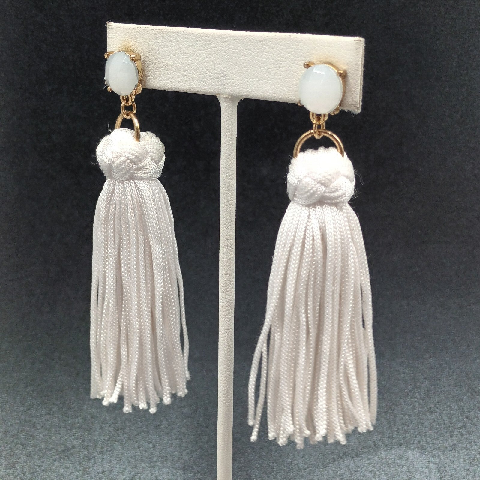 Pierced Earrings white Tassel Gold tone Faceted Glass Statement Dangle 3 1/4"