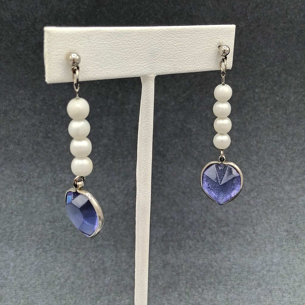 Vintage Pierced Earrings Purple Acrylic Heart Beaded Dangle 2"