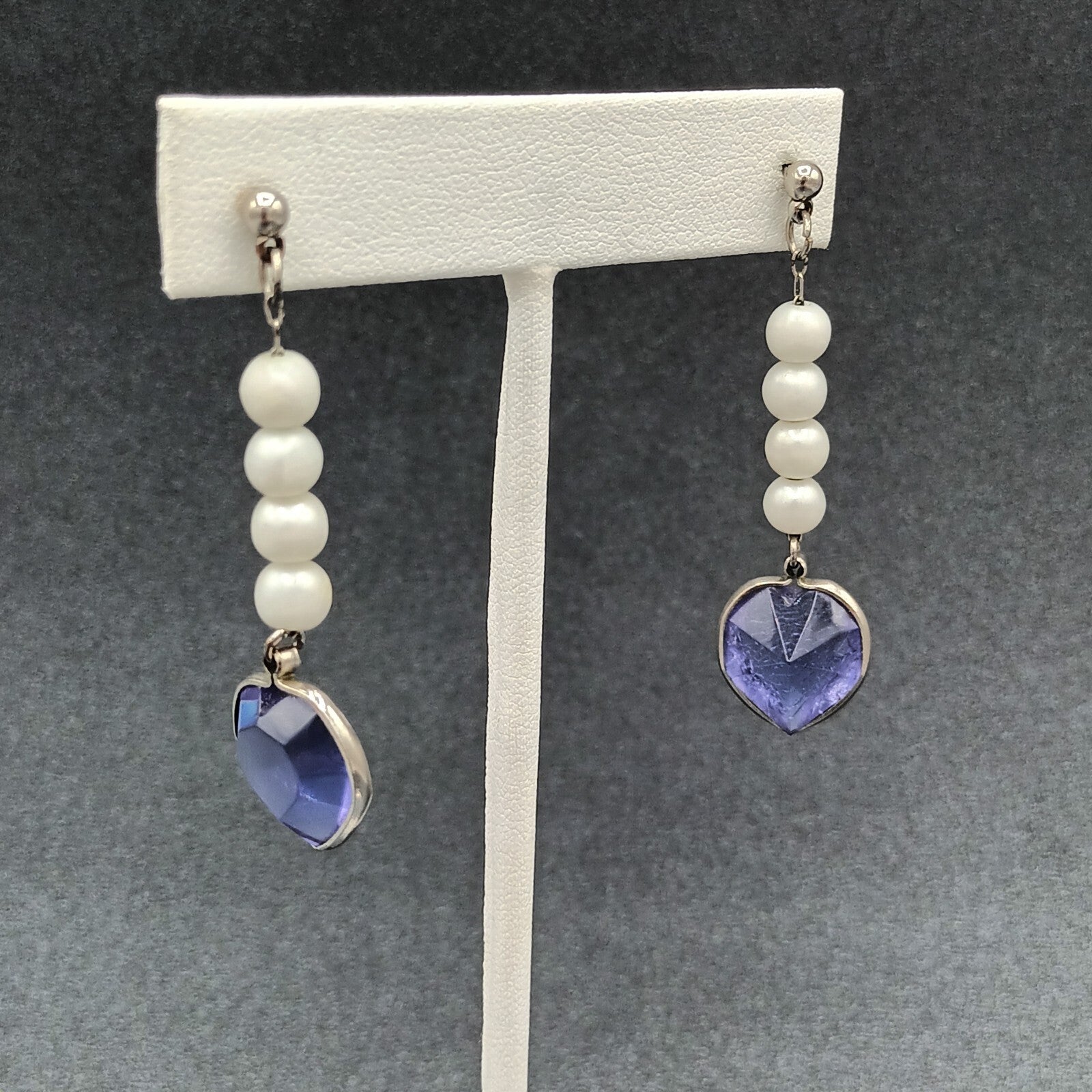 Vintage Pierced Earrings Purple Acrylic Heart Beaded Dangle 2"